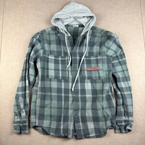 Tom & Jerry Mad Engine Unisex S Green Gray Plaid Hooded Flannel‎ Shirt Pullover